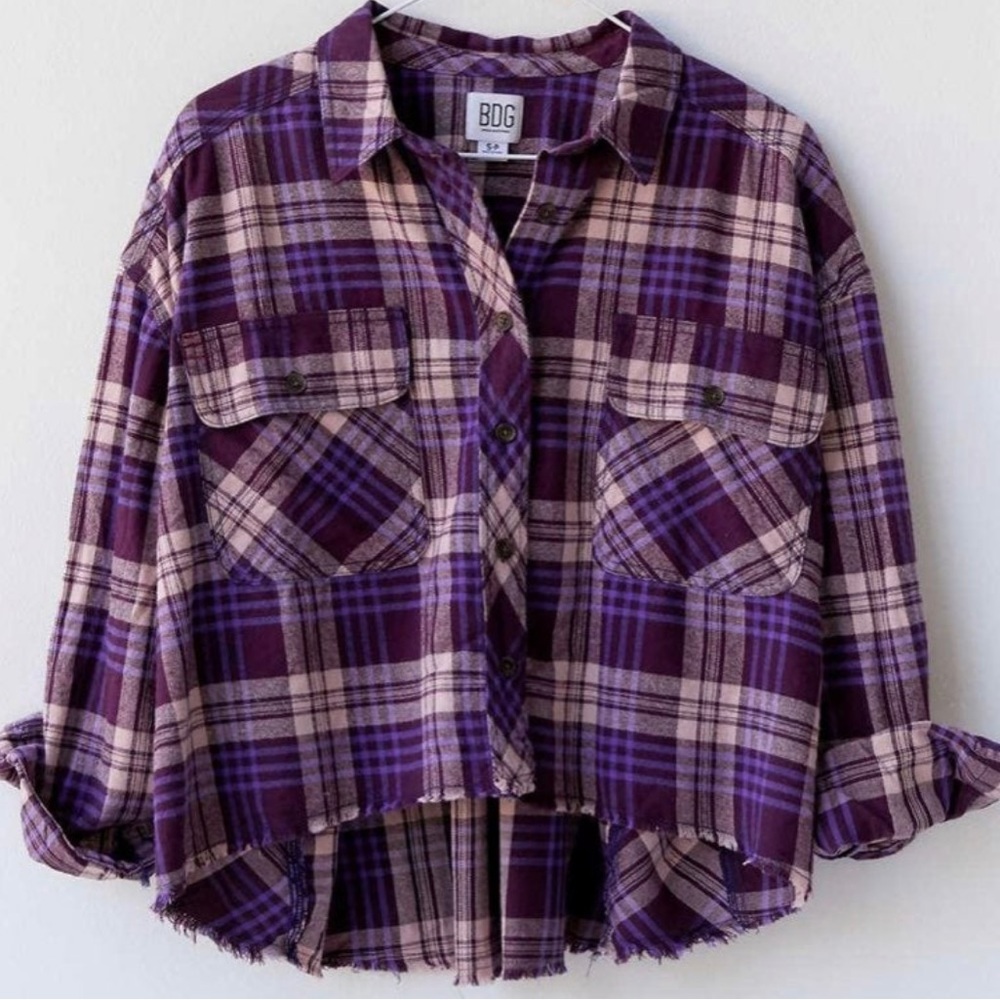 BDG Purple Flannel Cropped Button-Down Top Size Small